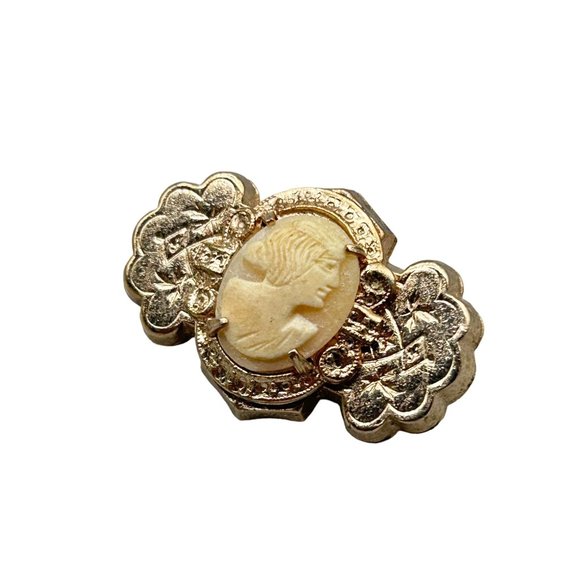 Vintage Genuine Carved Shell Cameo Pin Brooch Victorian Revival Gold Tone Ornate - Picture 1 of 6